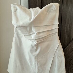 Blue Blush Strapless White A-Line Dress with Ruched Bodice